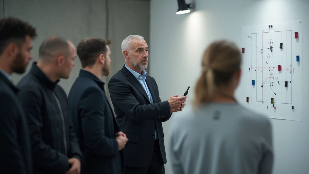 فريق كرة قدم يقوم بتمرين تكتيكي متقدم تحت إشراف مدرب خبير