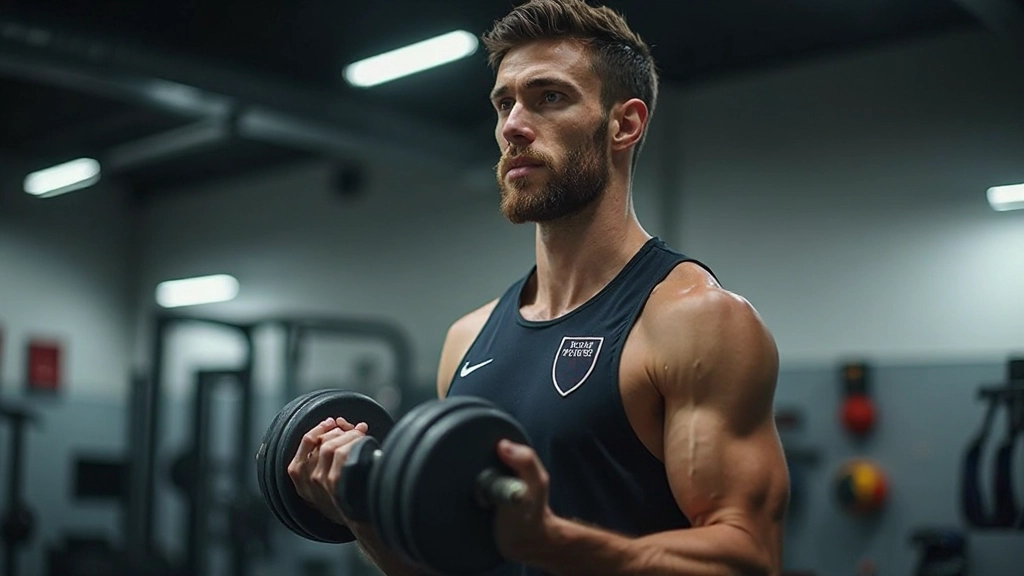 لاعب كرة قدم يقوم بتمارين قوة مكثفة في صالة الجيم