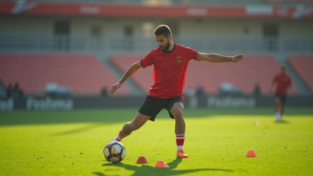 لاعب كرة قدم يقوم بتمرين السرعة والرشاقة في الملعب بأداء احترافي